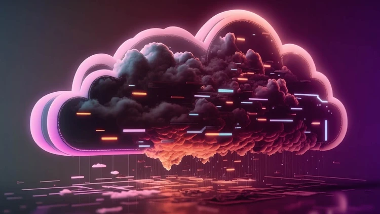 Una nuvola stilizzata e luminosa da cui fluiscono dati digitali, a rappresentare una moderna infrastruttura cloud.