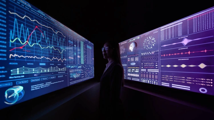 A woman in a dark environment observes a complex system of digital screens showing graphs and visualizations of Data & AI.