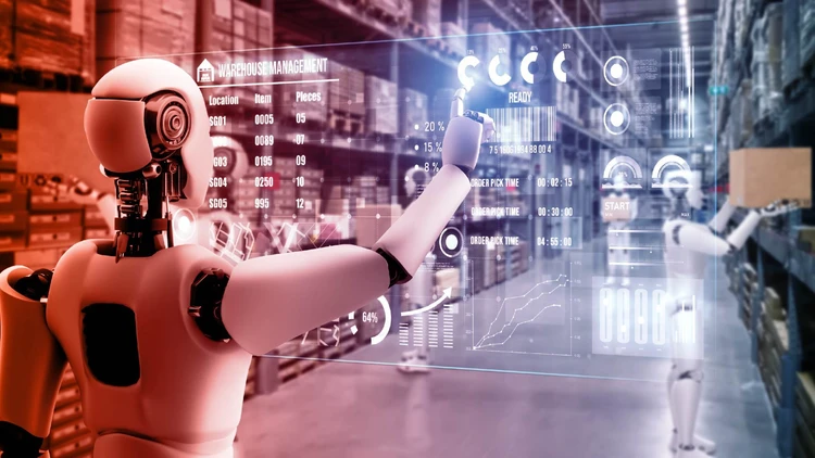 A robot in a warehouse interacts with a virtual control panel, illustrating the practical use of data&ai in industrial Warehouse Management.