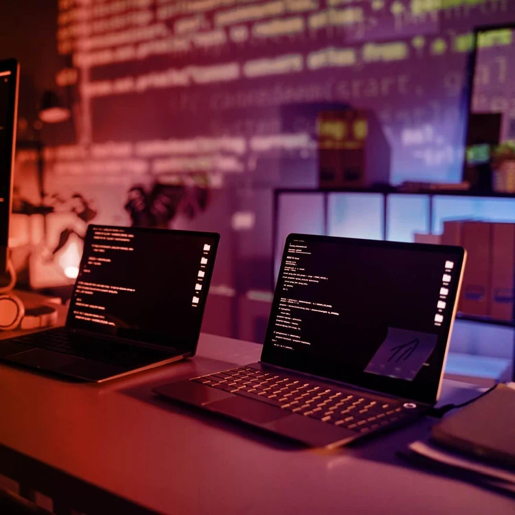 Due computer portatili aperti su una scrivania in un ambiente di lavoro che mostrano codice di programmazione.