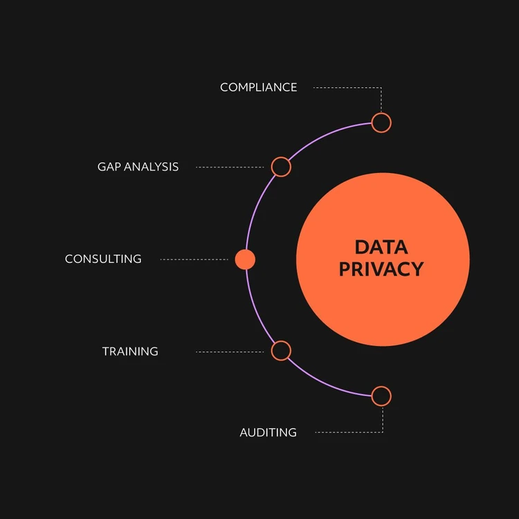Infografica che illustra la soluzione "DATA PRIVACY" come un cerchio arancione da cui si diramano cinque servizi in un diagramma a cascata. I moduli, dall'alto verso il basso, sono: "Compliance", "Gap analysis", "Consulting", "Training" e "Auditing". In questa immagine il focus è sul servizio di Consulting.