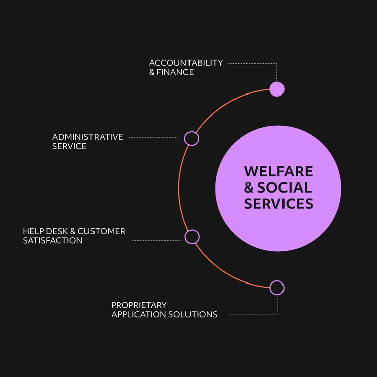 Infografica che illustra la soluzione "WELFARE" come un cerchio lilla da cui si diramano quattro aree in un diagramma a cascata. I moduli, dall'alto verso il basso, sono: "Accountability & Finance", "Administrative service", "Help desk & customer satisfaction" and "Proprietary application solutions". In questa immagine il focus è sul processo di Accountability & Finance.