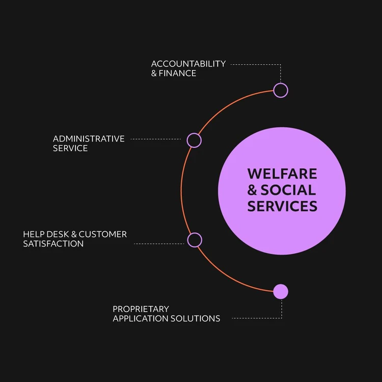 Infografica che illustra la soluzione "WELFARE" come un cerchio lilla da cui si diramano quattro aree in un diagramma a cascata. I moduli, dall'alto verso il basso, sono: "Accountability & Finance", "Administrative service", "Help desk & customer satisfaction" and "Proprietary application solutions". In questa immagine il focus è sul processo di Proprietary application solutions.